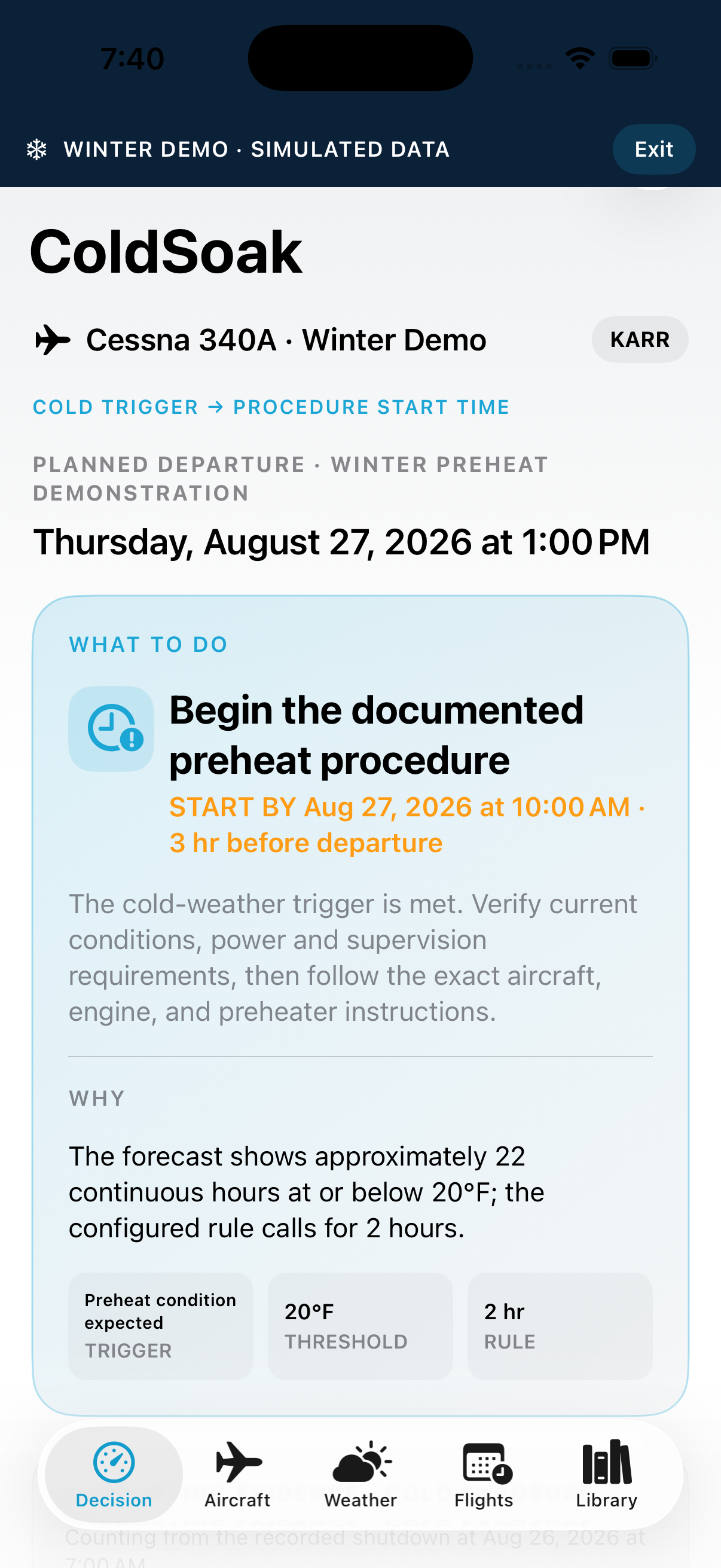 ColdSoak winter decision showing a documented preheat procedure start deadline