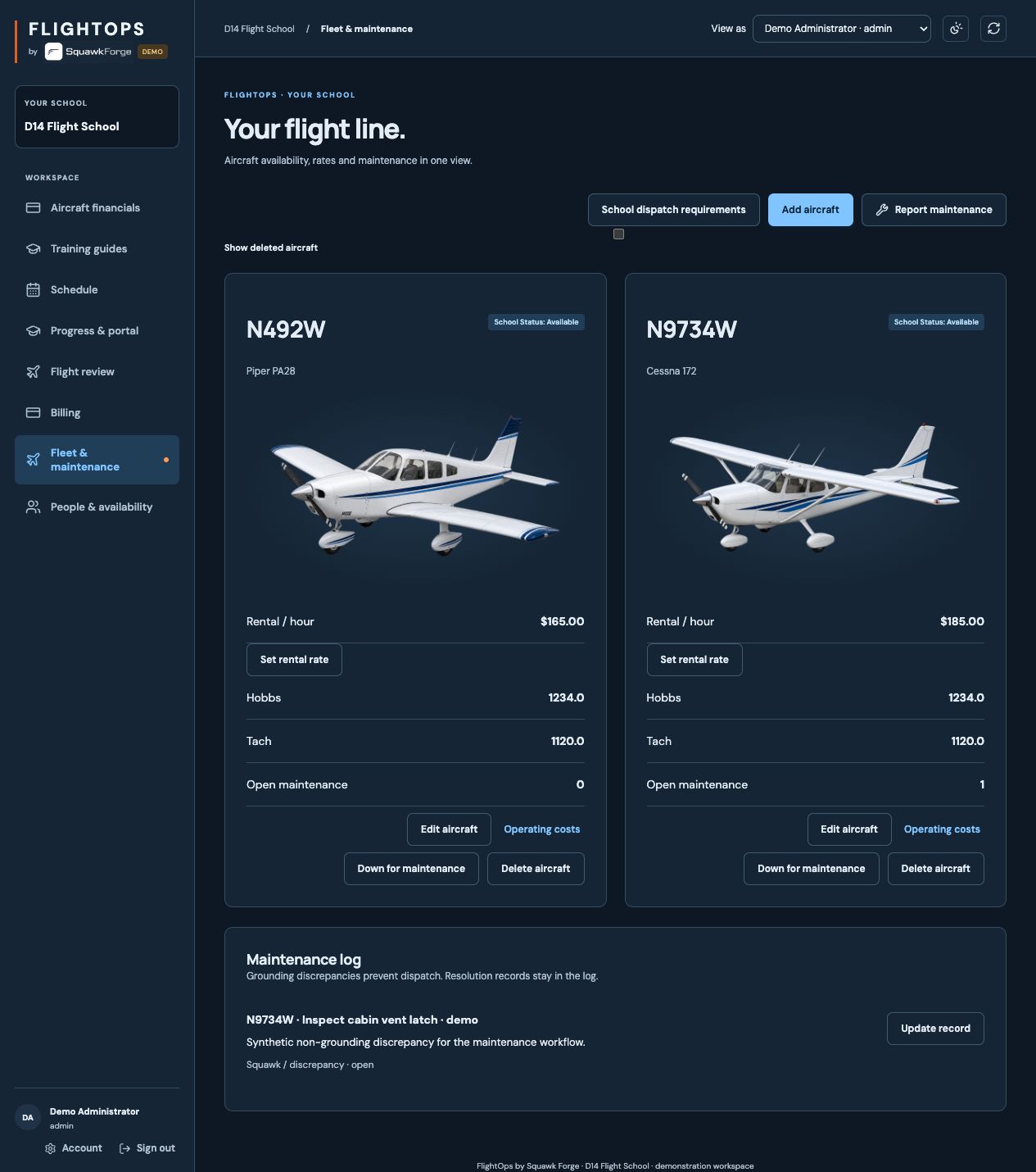 FlightOps fleet screen with demo aircraft, hourly rates, and maintenance status
