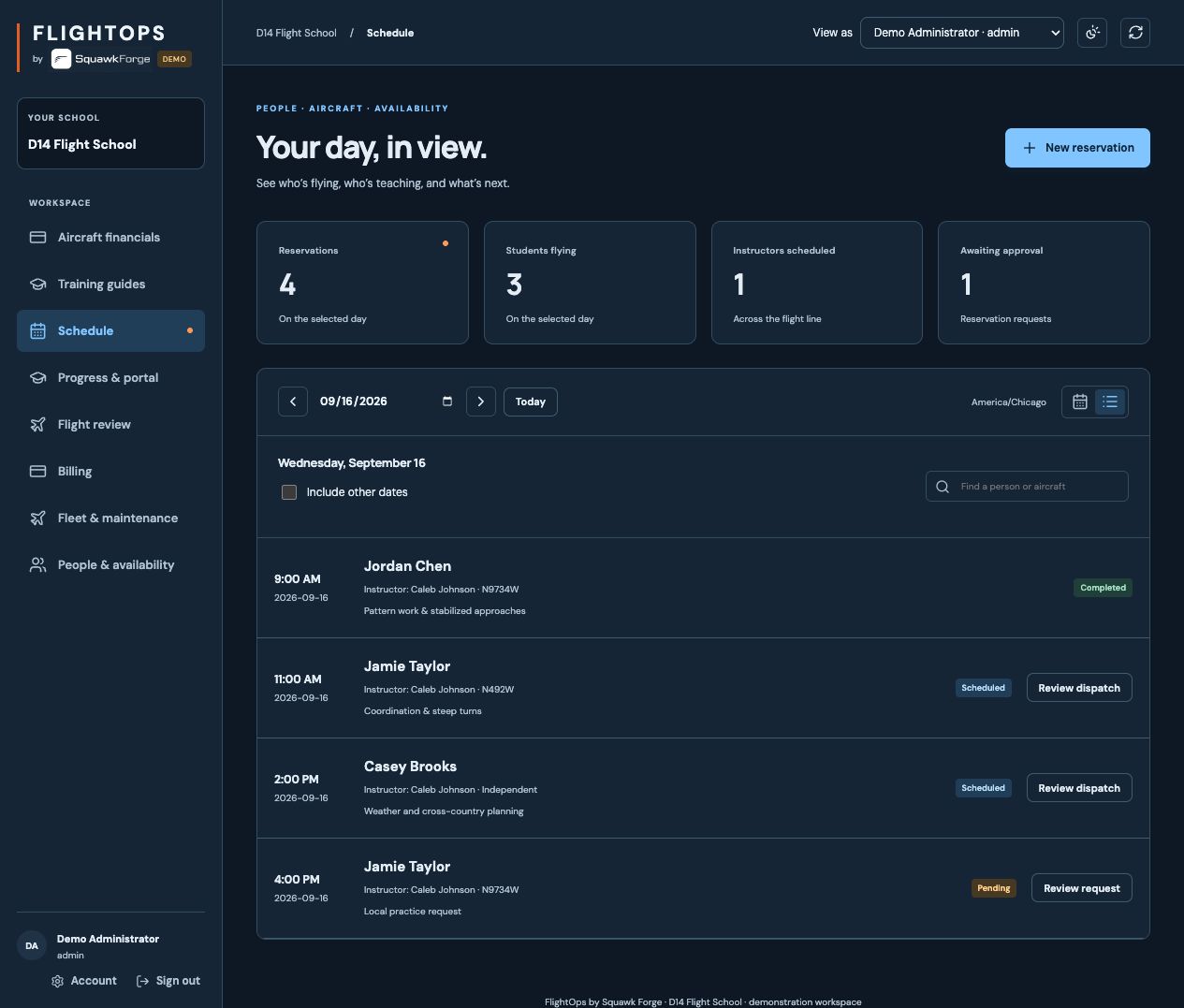 Actual FlightOps scheduling screen with demonstration school data